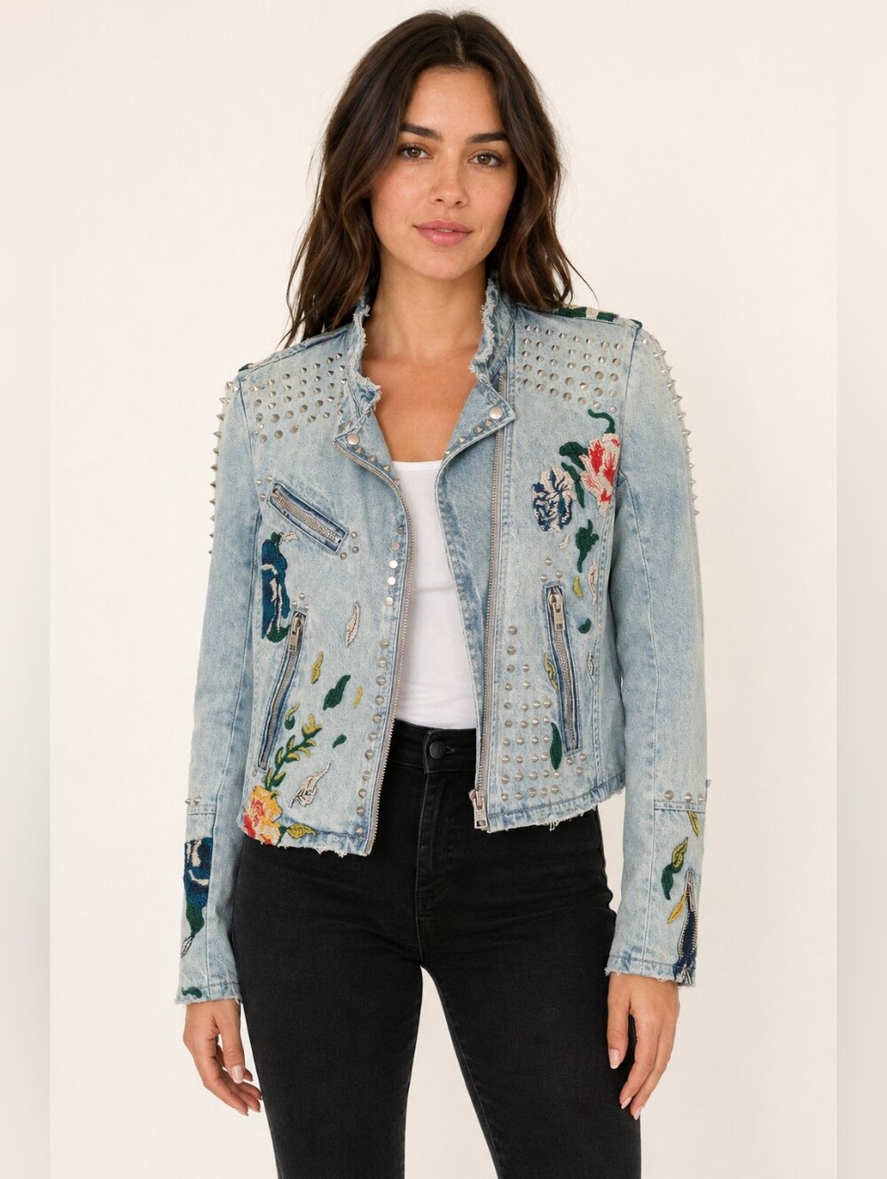 BLANKNYC Floral Embroidered Studded Denim Moto Jacket Small
